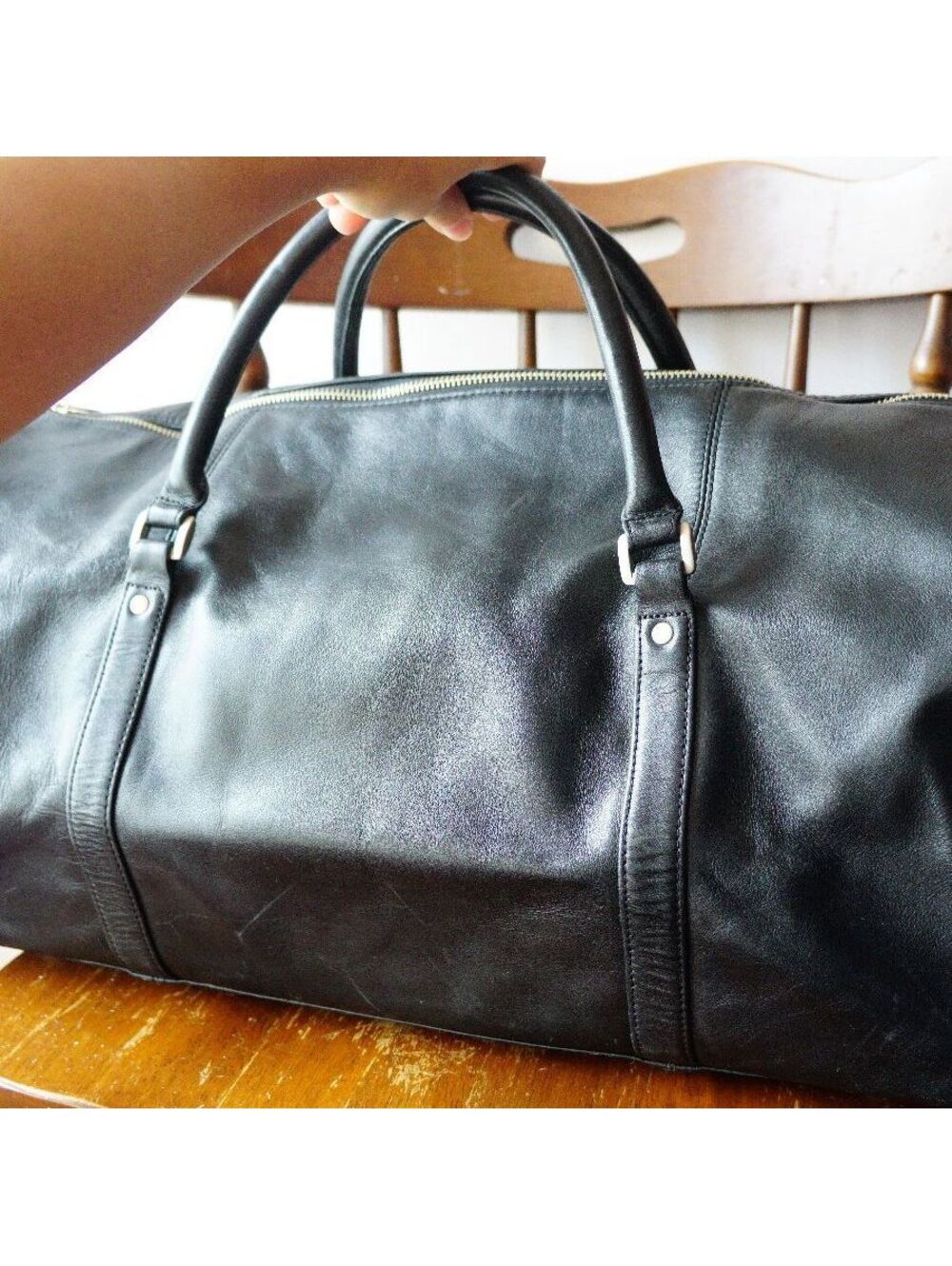 Black Leather Duffle Bag Weekender Bag with Dual Handles
